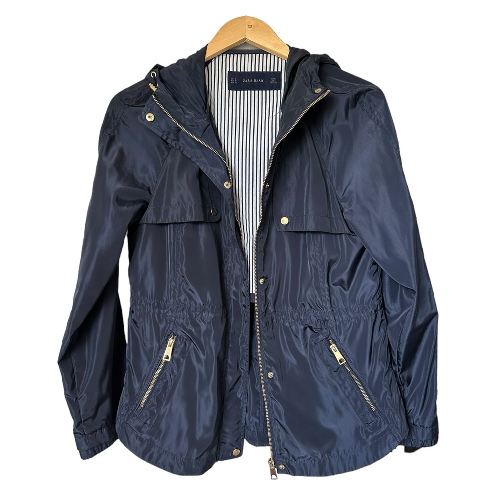 Zara Navy Blue Rain Jacket Hooded Full Zip Gold Tone Zippers & Snaps Size Medium - Picture 11 of 16